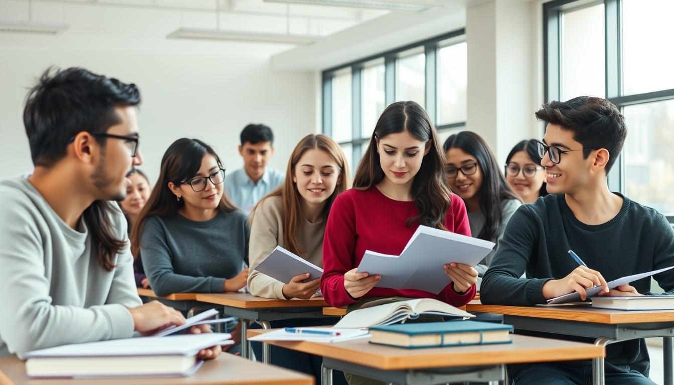 Students studying together in modern classroom